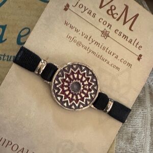 V&M Black Bracelet with Red Floral Design